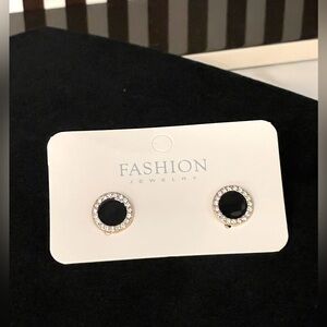 Classy Black and Rhinestone in gold tone earrings